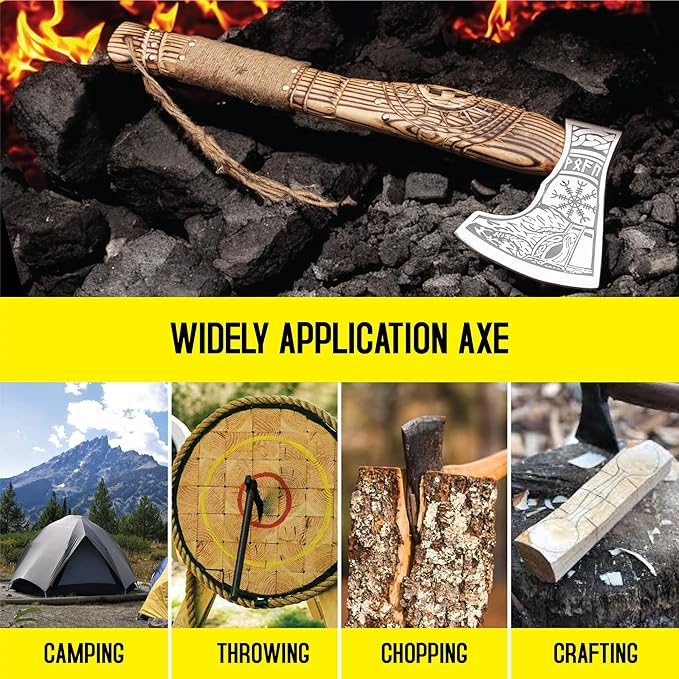 20 Handmade Carbon Steel Viking Axe with Hand Craved Ash Wood Shaft Viking Camping Axe &amp Hatchet. Beautiful Gift for Father Brother and for Him or Her (Medieval Axe)