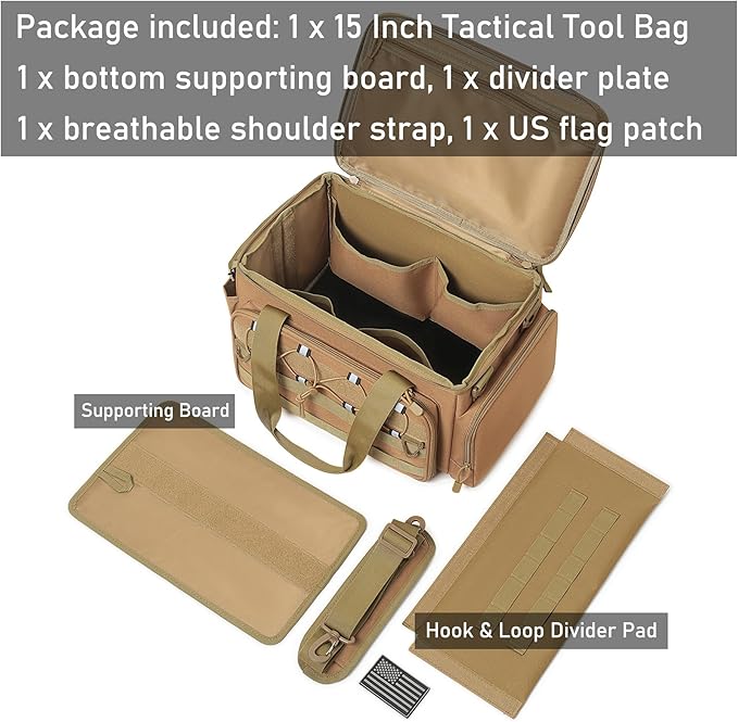 15-Inch Tool Bag Multi-purpose Tool Organizer Bag For Men with Shoulder Strap Tactical Range Bag Work Tote for Repairman Carpenters Handymen (Khaki)
