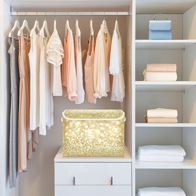 Golden Glitter Yellow Fabric Storage Boxes with Lid and Handles Foldable Storage Bins Organizers Cube Basket for Closet Home Office 1 Pc