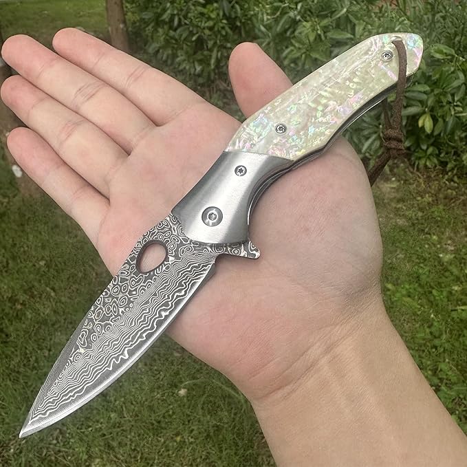 Damascus VG10 Steel Folding Pocket Knife 3.15 Blade MOP Handle EDC Knife with Mechanical Lock Pocket Clip for Men Women Camping Survival Hiking