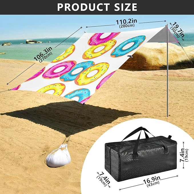 Beach Canopy with Windproof Ropes &amp Sandbags Beach Tent Sun Shade Sun Shelter for Camping Trips Fishing Backyard Fun or Picnics Donuts