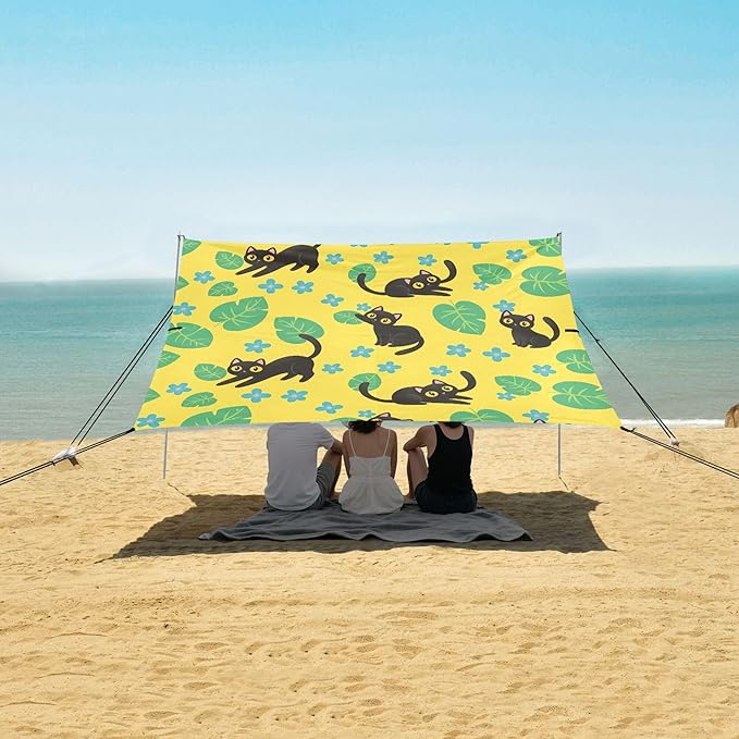 Cat Beach Canopy Sun Shelter with Sandbags &amp Sand Shovel &amp Windproof Ropes - Portable 110x126 Beach Shade Beach Tent for Camping Picnics