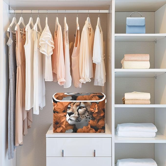 AIXIWAWA Lidded Storage Cube (Cheetah Flower) Fabric Foldable Closet Bins with Flip Lid and Handles Organizer Basket Container 16.5 x 12.6 x 11.8 IN