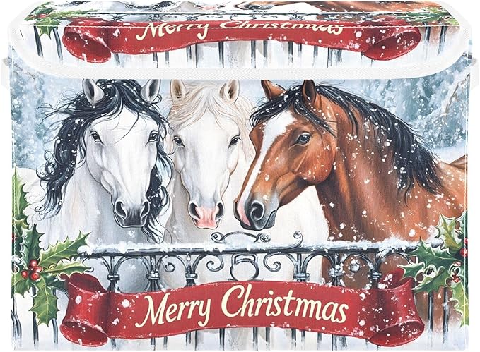 senya Christmas Baskets Collapsible Storage Bins with Lids Horses in The Snow Christmas Storage Boxes Clothes Baskets for Organizing