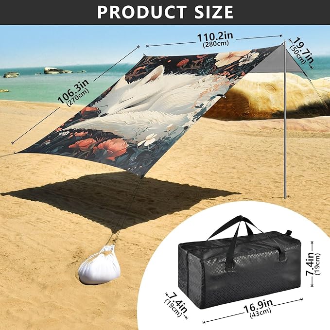 ALAZA White Fox Sleeping with Flower Beach Tent Sun Shelter Portable Canopy Sunshade for Outdoor Camping Picnics Backyard Fun 10x9 ft