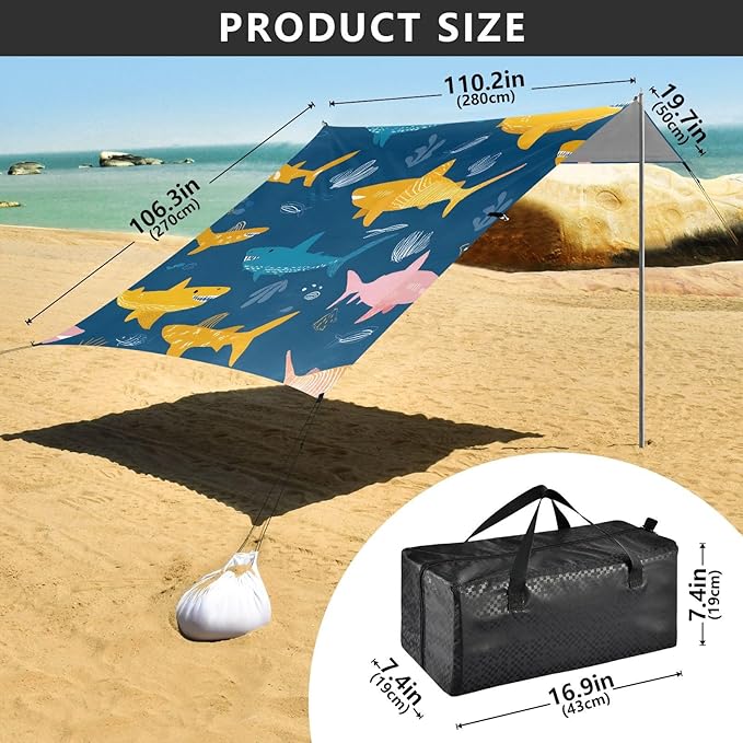 ALAZA Shark Patter Beach Tent Sun Shelter Portable Canopy Sunshade for Outdoor Camping Picnics Backyard Fun 10x9 ft