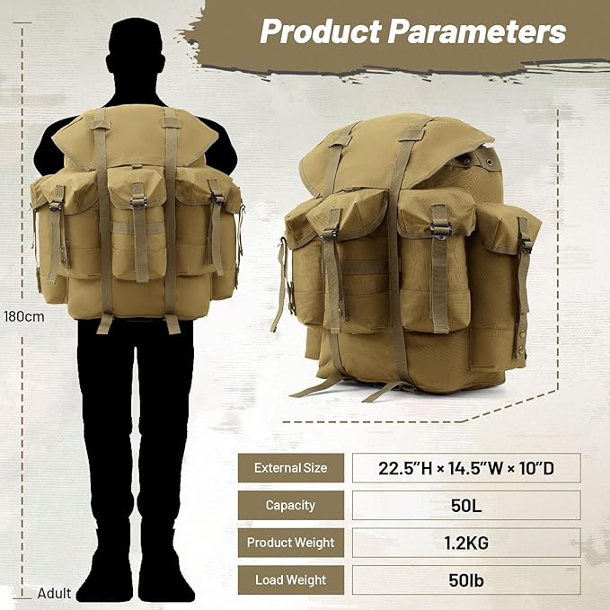 50L Military Alice Pack Army Survival Combat ALICE Rucksack Backpack for Men &amp Women for Camping Hiking Emergency Khaki