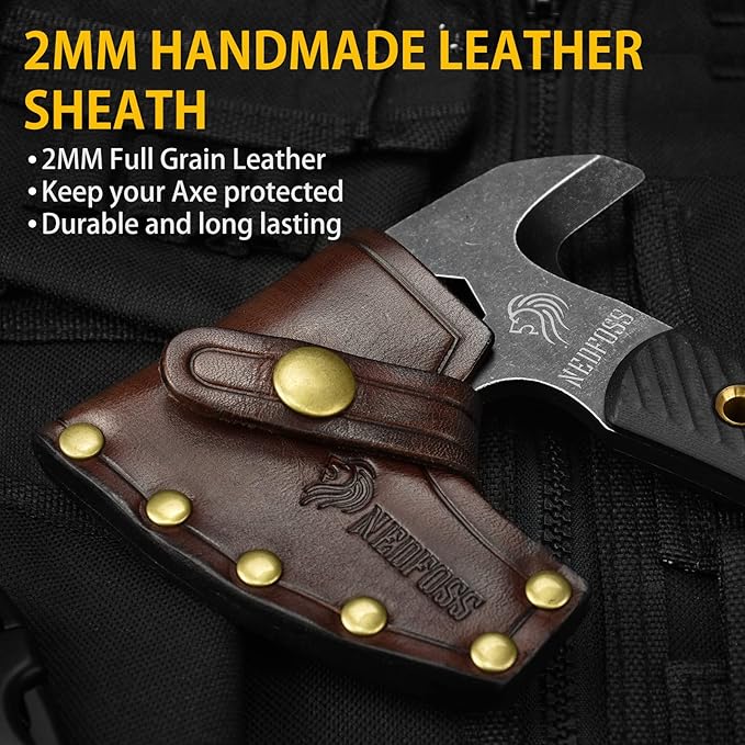 NedFoss Bison 9.8 Tactical Hatchet Axe Tomahawk Hatchet with Genuine Leather Sheath and G10 Handle Compact Camping Gear Bearded Axe Gifts for Men Multifunctional Survival Axe with Spike Tool