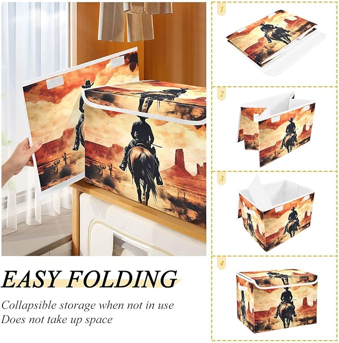 Desert Cowboy Horse Storage Bins with Lids Foldable Storage Boxes Cube Closet Storage Baskets Container Organizers for Home Bedroom Office