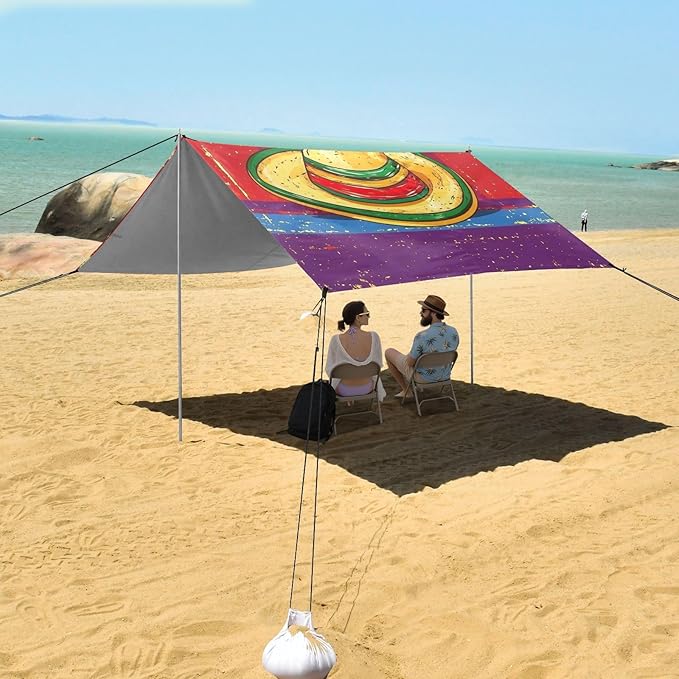 Mexican Style Cinco De Mayo Chili Beach Cabana Tent UPF50+ Protection Water-Resistant Large Portable Sun Shelter with Sturdy Poles Sandbags and Shovel for Family Trips Picnics &amp Camping
