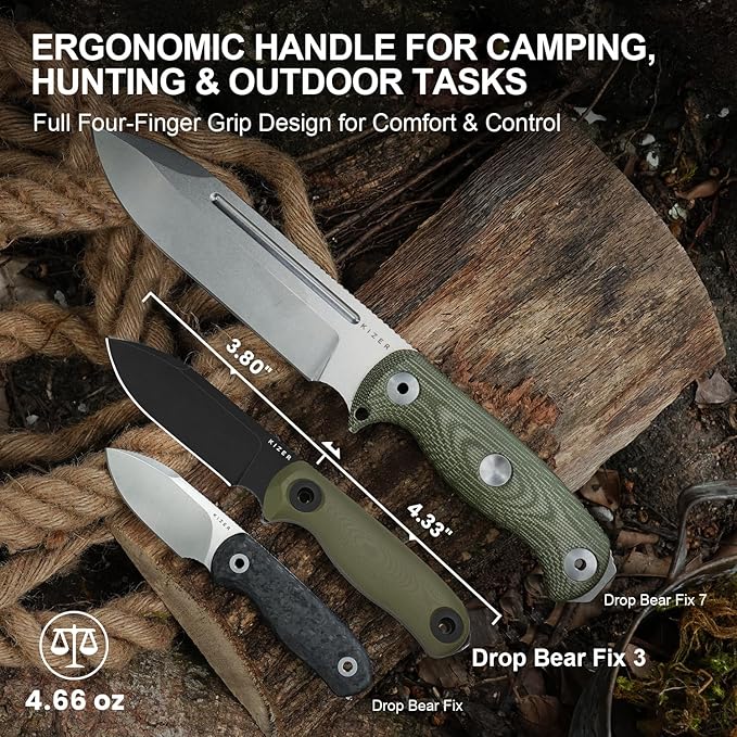 Kizer Drop Bear Fix 3 Fixed Blade Knife 3.8 D2 Blade EDC Camping Knife with Olive Green G10 Handle Small Hunting Knives with Sheath Outdoor Survival Knives with Pocket Clip and Lanyard 1101M1