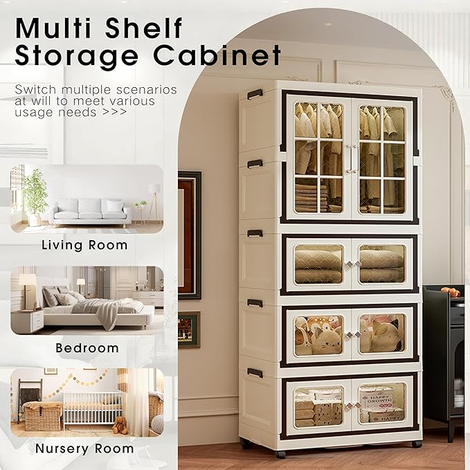 SunSettler Collapsible Storage Bins with Lids Folding Storage Cabinets with Doors Stackable Organizers Cabinets Closet Organizers and Storage for Home Dorm (3+1 Transparent Plus)