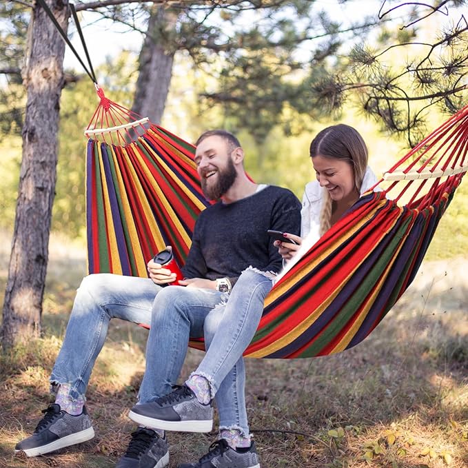 Chihee Cotton Hammock Holds Up to 660lbs Fabric Hammock 8.9x4.9ft Soft Portable Tree Hammocks Camping with Detachable Spreader Bar Pillow 2 Strong Webbings 2 Carabiners Indoor Outdoor Backyard Garden