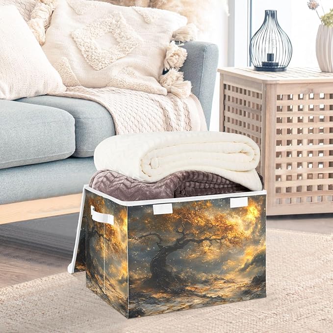 AIXIWAWA Lidded Storage Cube (Gold Landscape) Fabric Foldable Closet Bins with Flip Lid and Handles Organizer Basket Container 16.5 x 12.6 x 11.8 IN