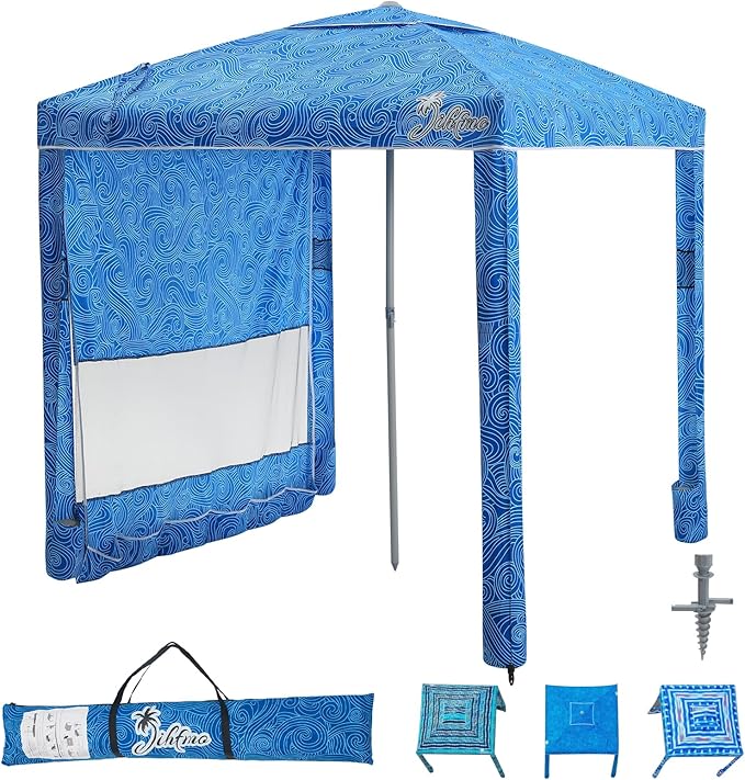 Jihfmo Beach Cabana 6.2'×6.2' Beach Canopy with Side Wall UPF 50+ UV Protection Easy Setup Tent Sun Shelter with Sand Pockets for Whole Family(Surging Waves)