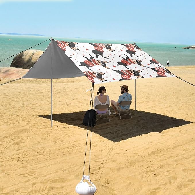 ALAZA Cute Dog Puppy Chihuahua Beach Tent Sun Shelter UPF50+ Protection Beach Shade Canopy w/ 4 Sandbags for Outdoor Camping Fishing Backyard Fun Picnic 10x9 ft