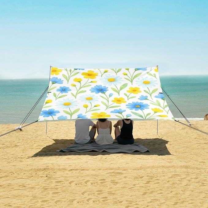 Beach Canopy with Windproof Ropes &amp Sandbags Beach Tent Sun Shade Sun Shelter for Camping Trips Fishing Backyard Fun or Picnics Wildflowers
