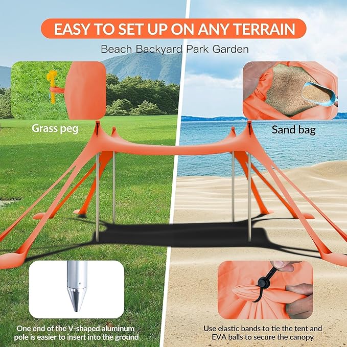 Gardentime Beach Tent Canopy with 8 Sandbags 4 Aluminum Poles Pop Up Portable Camping Sun Shelter Easy Set Up with 2 Sand Shovel Ground Pegs Carrying Bag for Outdoor BeachPicnic Fishing