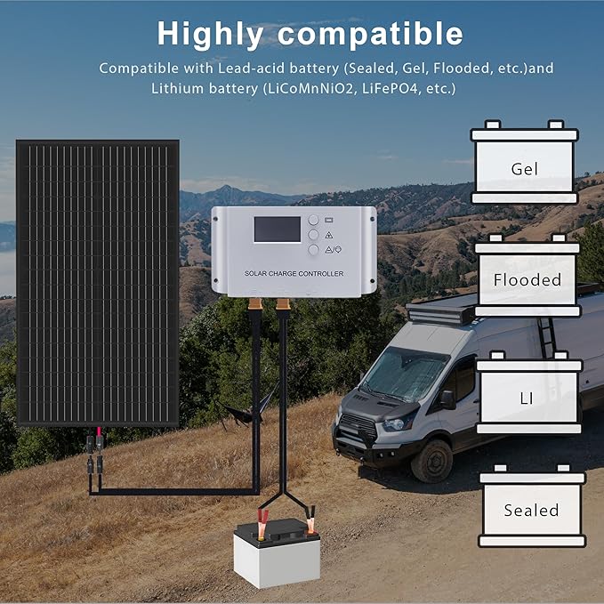 Solar Panel Kit 50W 12V Monocrystalline Module Charge Controller for RV Boats Trailer CamperOff-Grid System (50w Solar kit)