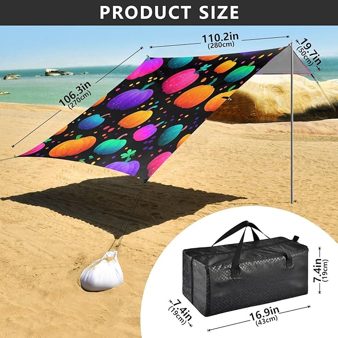 ALAZA Colorful Pumpkins Polka Dots Pattern Beach Tent Sun Shelter UPF50+ Protection Beach Shade Canopy w/ 4 Sandbags for Outdoor Camping Fishing Backyard Fun Picnic 10x9 ft