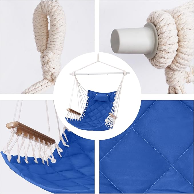 Hammock Chair Hanging Swing with Wooden ArmrestSteel Spreader BarPillowsHardware kit IncludedCotton WovenUp to 350 Lbsfor Indoor Outdoor Blue