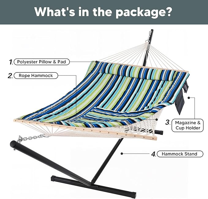 SUNCREAT Hammocks Double Cotton Rope Hammock with Polyester Pad Heavy Duty Hammock with Steel Stand Blue&ampGreen