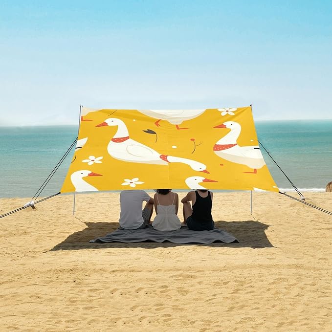 Cute Goose Cartoo Beach Canopy UPF50+ Water-Resistant Sun Shelter with Sandbags &amp Sand Shovel for Camping Picnics Backyard