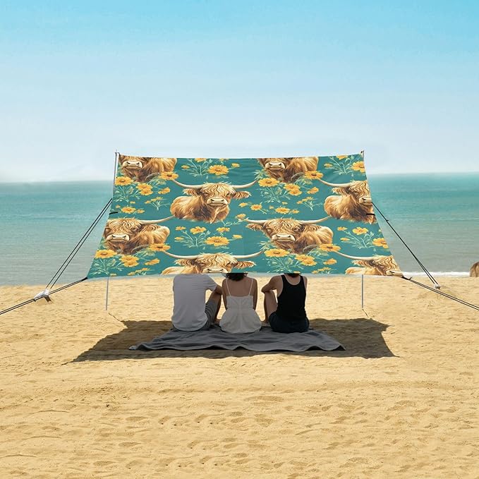 ALAZA Highland Cattle Chrysanthemum Pattern Beach Tent Sun Shelter Portable Canopy Sunshade for Outdoor Camping Picnics Backyard Fun 10x9 ft