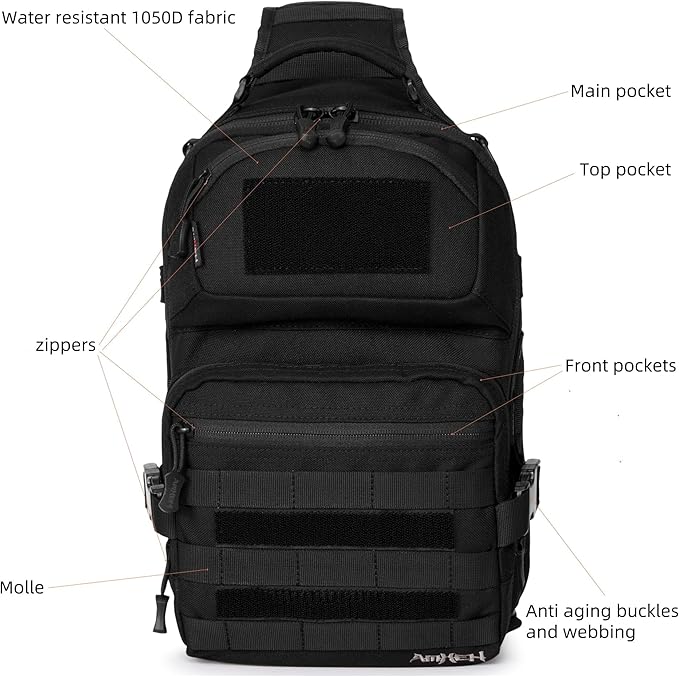 AMHEH 15L 1050D Tactical Sling Bag - Everyday Carry Crossbody Backpack with MOLLE and Concealed Back Pocket Fits 12 Laptop Black