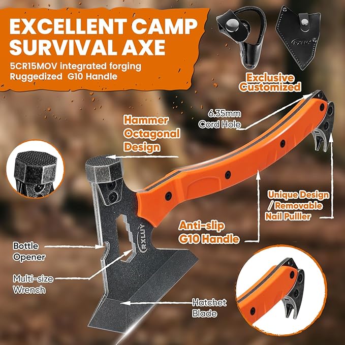 Tactical Axe with G10 Handle Camping Survival Hatchet Multifunctional Outdoor Hiking Heavy Duty Full Tang Tomahawk Tools with Hammer Unique Design Crowbar Leather Sheath (Orange)