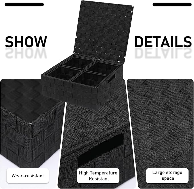 Woven Storage Bins with Lids Set of 8 Polypropylene Storage Baskets with Metal Frame Stackable Fabric Boxes for Drawers Closet Shelf Nursery and Office Black