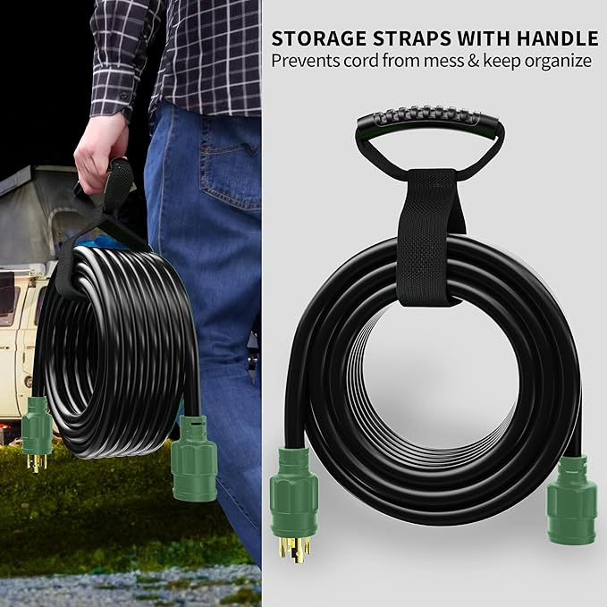 POWGRN 40 FT 30 Amp Generator Extension Cord 4 Prong Heavy Duty NEMA L14-30P to NEMA L14-30R 125/250V 7500W Green 10 Gauge STW Twist Locking House Power Cord 40 Feet Generator Cable