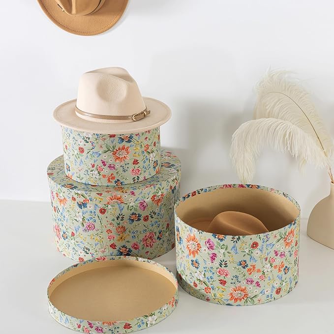 Soul &amp Lane Botanica Bliss Green Round Hat Boxes with Lids - Set of 3 Nesting Cardboard Hat Storage Boho Floral Print Cases Circle Stacking Decorative Keepsake Boxes