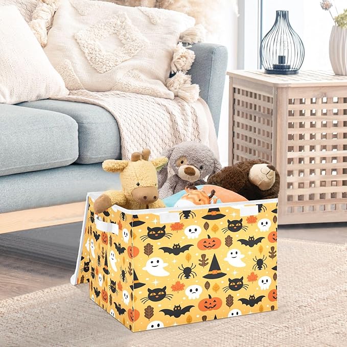 Large Collapsible Storage Bins with Lids Halloween Spooky Skull Pumpkin Black Cat Storage Baskets Organizer Containers with Handles for Nursery Clothes Toys