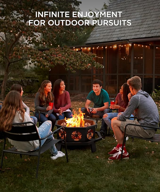 43 inch Fire Pit Outdoor Fire Pits with Cooking Grill Wood Burning Fire Pits for Outside Octagonal Heavy Duty Large Firepit with Poker for Bonfire Backyard Camping Bronze