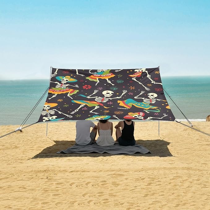 ALAZA Suagr Skulls Day of Dead Beach Tent Sun Shelter UPF50+ Protection Beach Shade Canopy w/ 4 Sandbags for Outdoor Camping Fishing Backyard Fun Picnic 10x9 ft