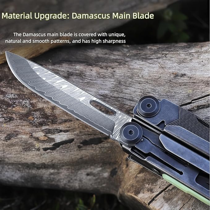Multitool 24-in-1 Full-Size Lightweight EDC Multi-Purpose Pliers Damascus Steel Main Blade Outdoor Gear Camping Knives &amp Tools Gifts for Guys Gifts for Hunters Men who have Everything (Bla