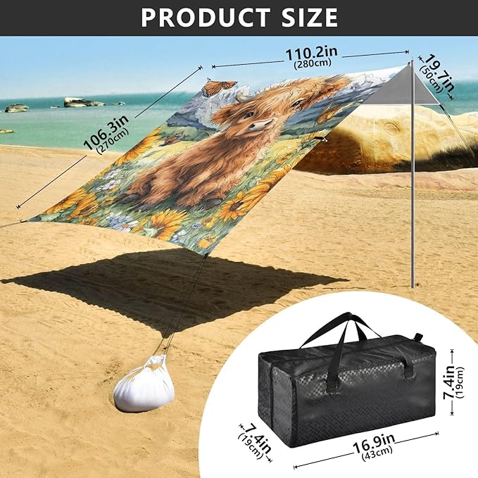 ALAZA Sunflower Baby Highland Cow Beach Tent Sun Shelter Portable Canopy Sunshade for Outdoor Camping Picnics Backyard Fun 10x9 ft