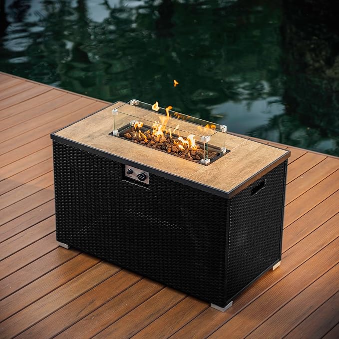 Nestl 43 Inch Fire Pit for Outdoor - 50000 BTU Outdoor Propane Fire Pit Table with Lid Rain Cover &amp Lava Rocks - Patio Fire Pit Table with Tempered Glass for Backyard Gatherings - Black