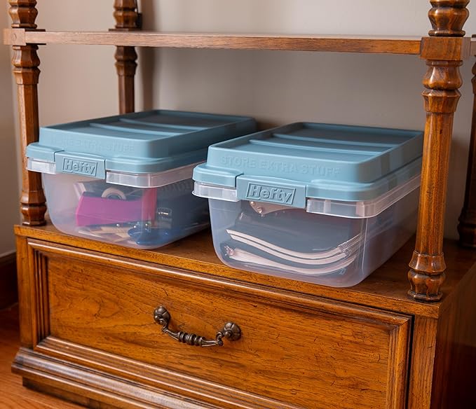 Hefty 18 Quart Hi-Rise Storage Bin with Lid Stackable Plastic Container for Home Office and Classroom Organization 8 Pack Smoke Blue