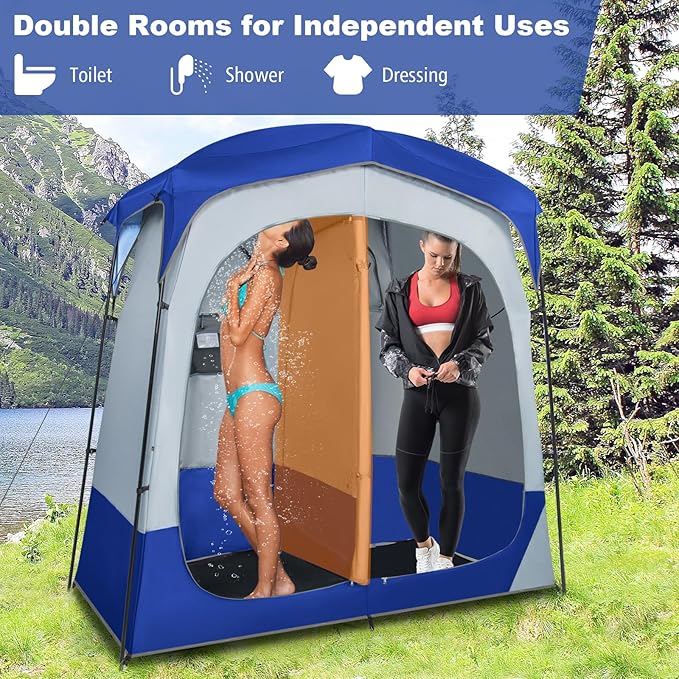 Tangkula Double Room Shower Tent Oversize Space Privacy Tent with Floor Removable Rain Fly Inside Pocket Clothesline Top Hook Portable Outdoor Changing Tent for Dressing Camping Toilet
