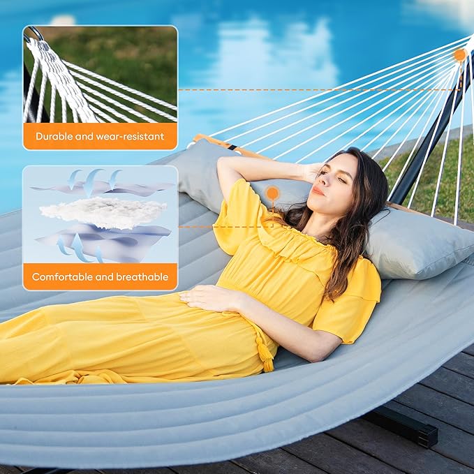 Everyfun Double Hammock with Spreader BarSoft PillowMax Load 500lbsPortable Hammock for OutdoorCampingand BackyardDark Gray