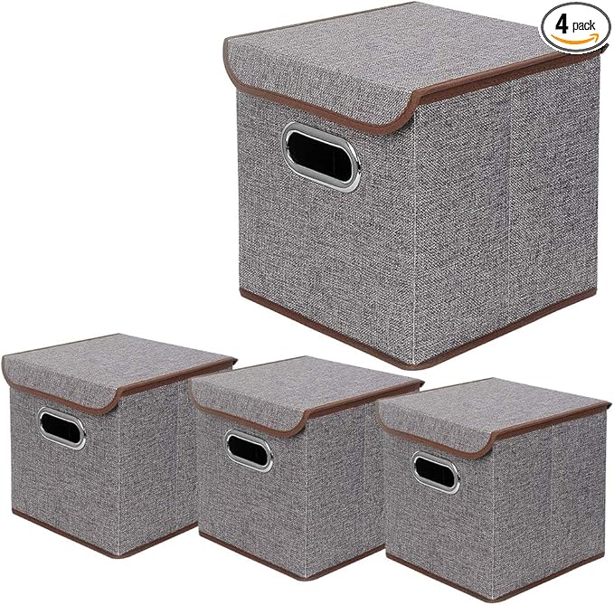 Storage Bin [Set of 4] Linen Fabric Foldable Container with Lid Collapsible Organizer Boxes Cubes - 10 x 10 x 10 Inches (Gray)