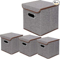 Storage Bin [Set of 4] Linen Fabric Foldable Container with Lid Collapsible Organizer Boxes Cubes - 10 x 10 x 10 Inches (Gray)