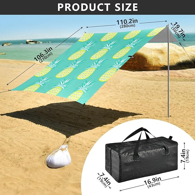 Beach Canopy with Windproof Ropes &amp Sandbags Beach Tent Sun Shade Sun Shelter for Camping Trips Fishing Backyard Fun or Picnics Pineapples