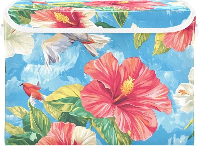 Collapsible Storage Bins with Lids Decorative Fabric Storage Cubes Closet Organizer and Storage Basket Boxes Containers for Clothes Box Chest Nursery Folding Rectangle Hibiscus Birds Oil Pain