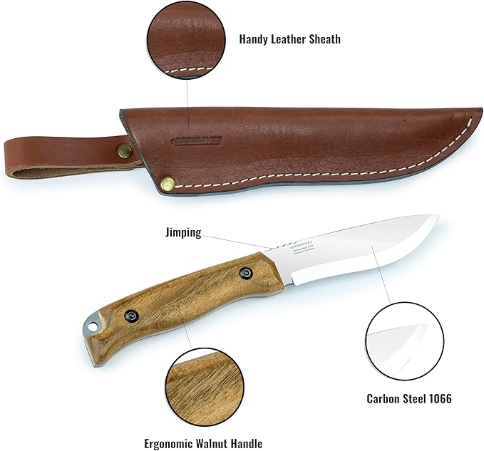 BPSKNIVES HK1 CSH - Handmade Carbon Steel Knife - Fixed Blade Full Tang Hunting Camping Bushcraft Knife With Leather Sheath - Scandinavian Sharpening Camp Knives