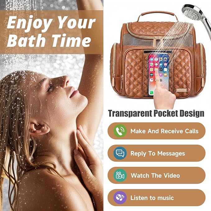 Large Leather Toiletry Bag for Women MenBathroom BagWater Resistant Shower BagMakeup BagPortable Shower Caddy for College DormHanging Travel Toiletry Bag with Transparent Waterproof Phone Pocket