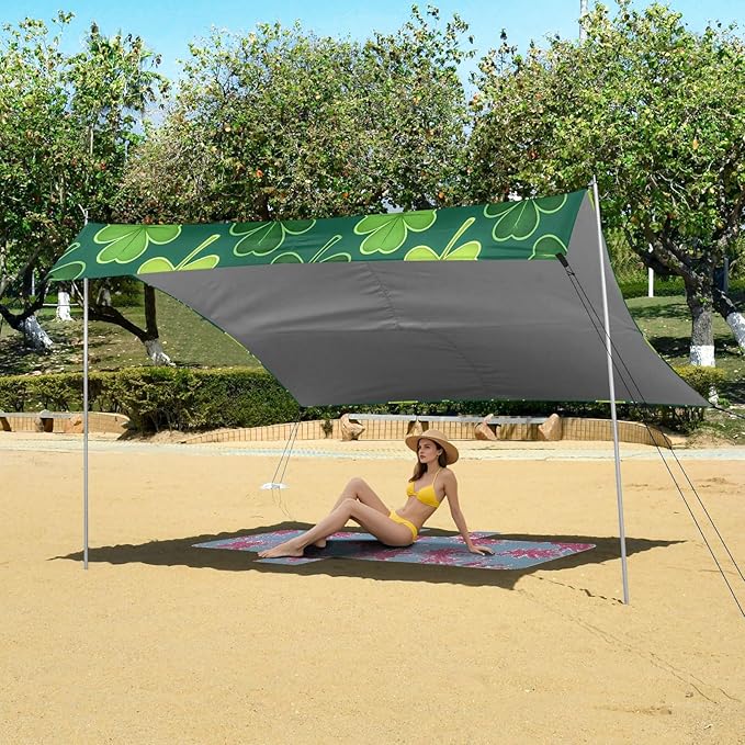 xigua St. Patrick's Day Beach Tent Sun Shelter with Carrying Bag - Silver Coated Oxford Fabric Beach Canopy for Beach Camping Fishing - Includes Windproof Ropes Sandbags &amp Stakes