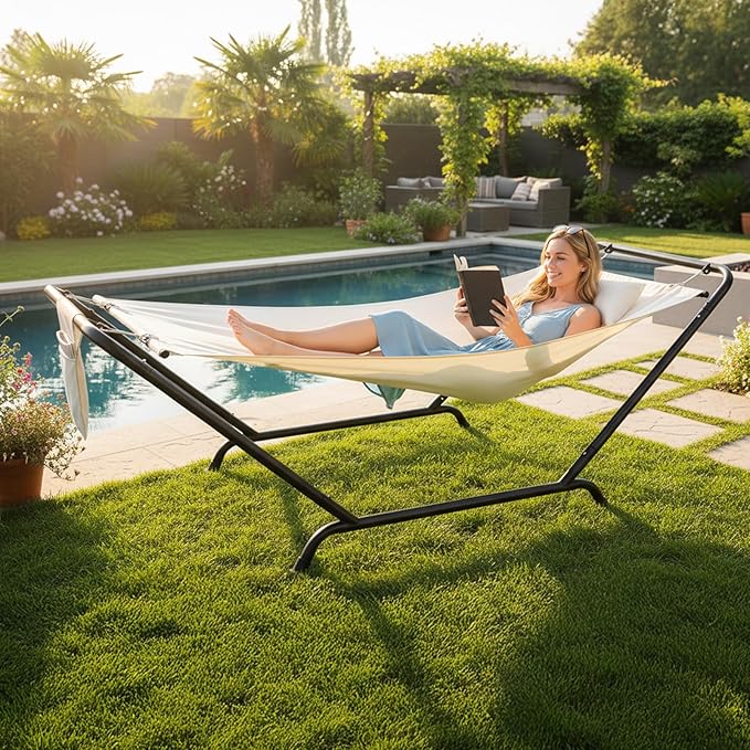 ONCLOUD Freestanding Hammock with Stand 600LBS Heavy Duty Outdoor Hammock Cofy Outdoor Hammock with Stand Hammock Bed for Yard Deck Patio Hammock with Soft Pillow &amp Storage Bag (White)